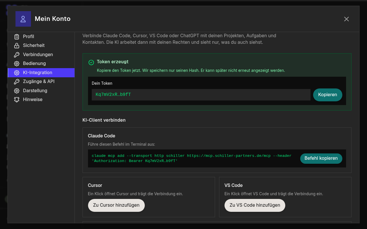 Account, AI integration tab: a personal access for your own AI has been created