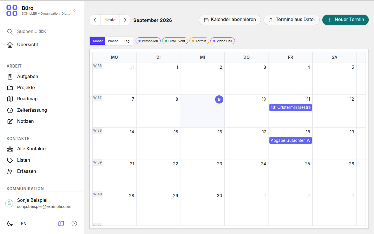 Der Kalender zeigt den Ortstermin und die Abgabefrist des Gutachtens.