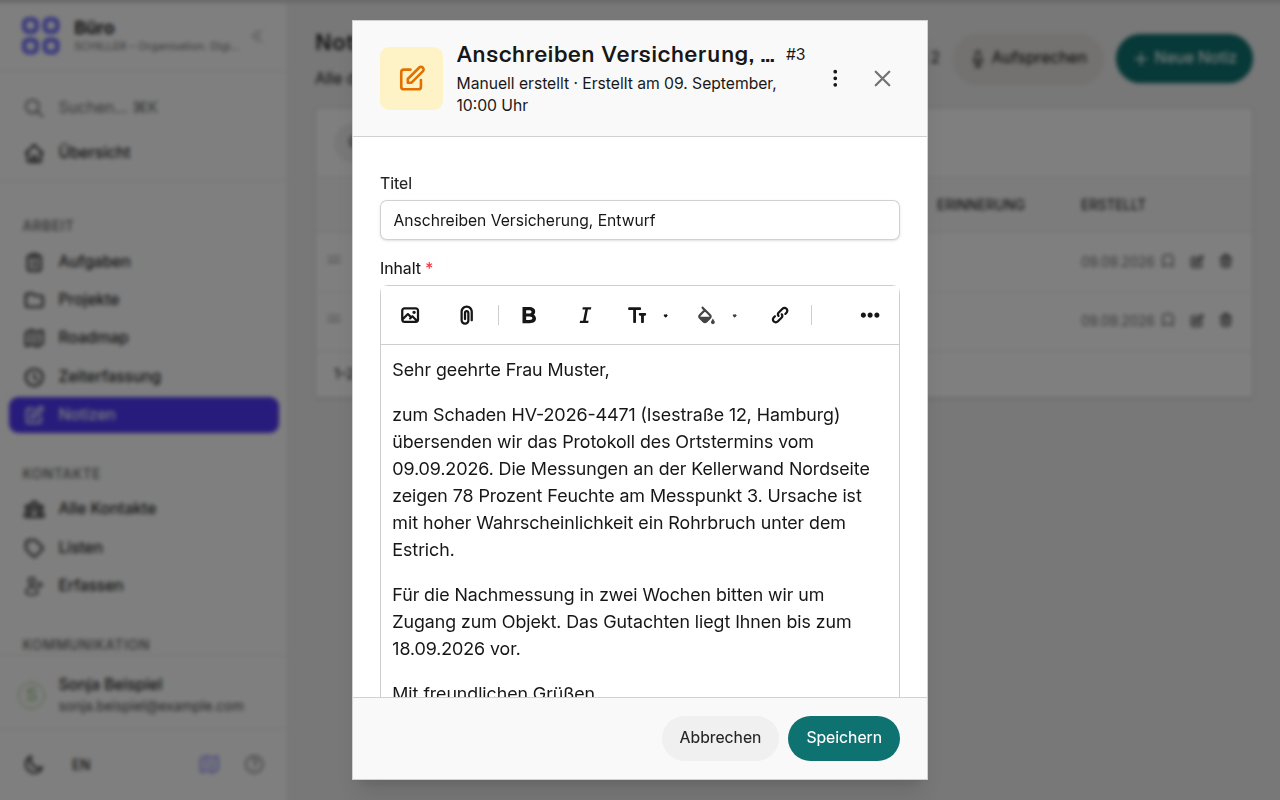 Ein Entwurf für das Anschreiben an die Versicherung, aus den Notizen des Falls.
