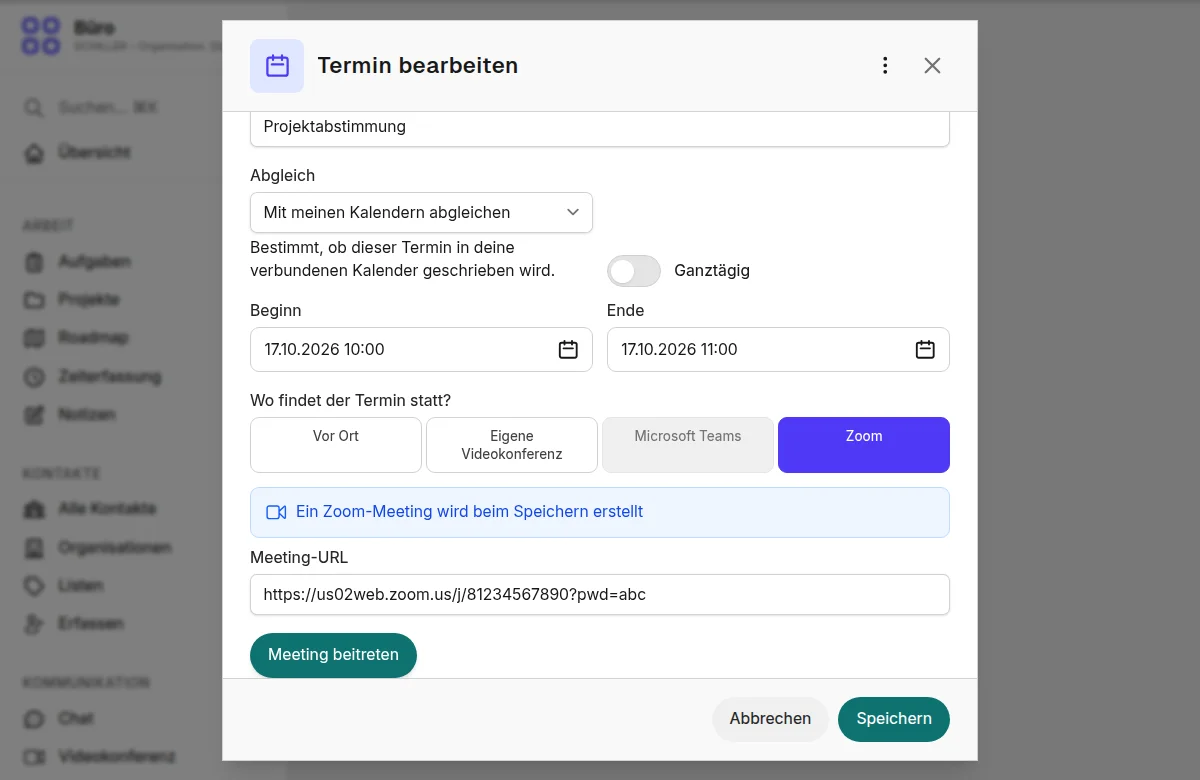 Ein Termin mit dem Ort Zoom zeigt den Beitrittslink und den Knopf Meeting beitreten