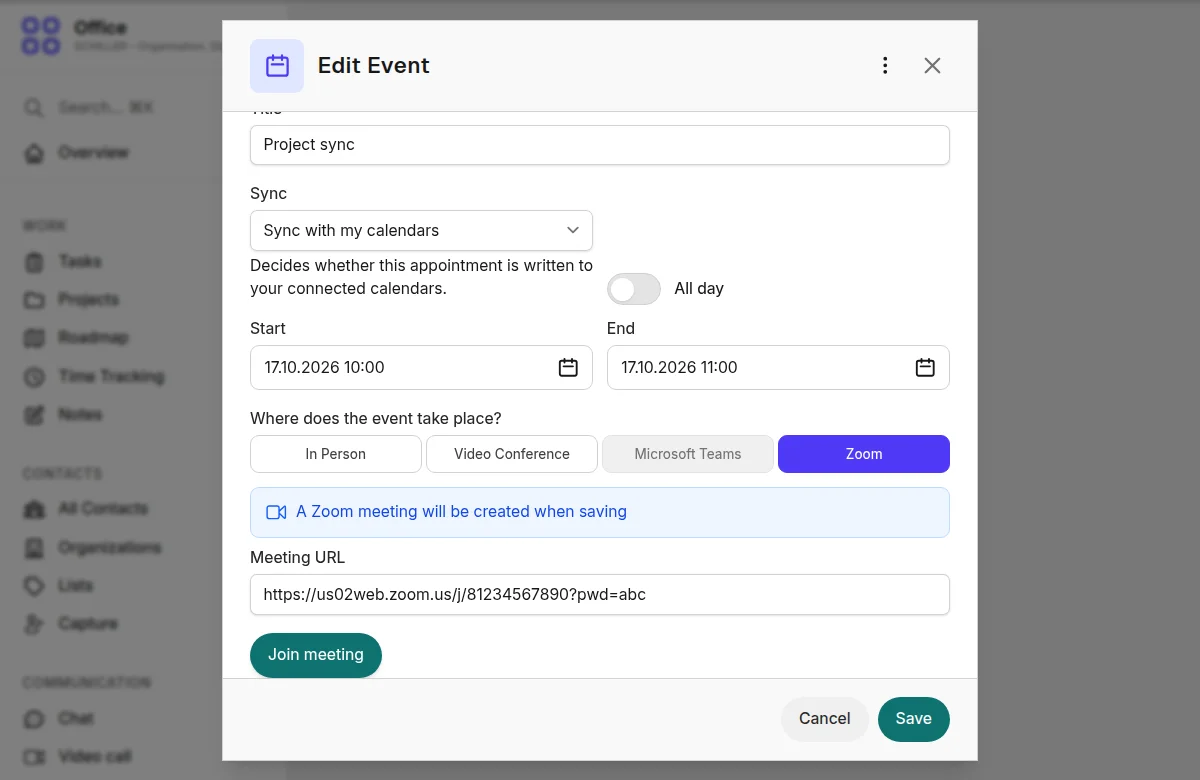 An appointment with the location Zoom shows the join link and the Join meeting button
