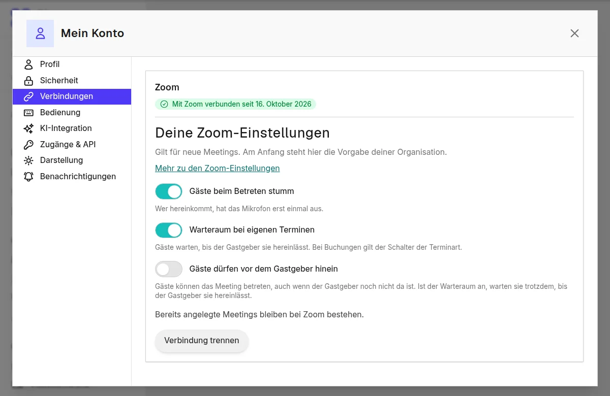 Die Zoom-Karte im Reiter Verbindungen zeigt, dass Zoom verbunden ist