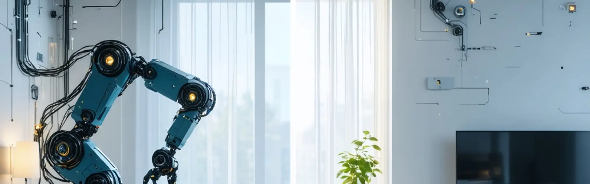 Das Bild zeigt einen futuristischen Wohnraum, geteilt in zwei Hälften: links dominiert Technik (Roboterarm, Kabel), rechts Minimalismus (TV, Pflanze). Helle Farben erzeugen eine ruhige, aber spannungsgeladene Atmosphäre.
