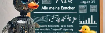 Ein roboterhafter Erpel steht vor einer Tafel mit dem Titel "Objestive" und unsinnigen, pseudo-englischen und -deutschen Textfragmenten, darunter "Alle meine Enttchen" und Noten. Vier Küken schauen ihn an. Die Komposition ist frontal und fokussiert auf die Interaktion zwischen Roboter und Küken. Die Stimmung wirkt skurril und humorvoll. Die Mischung aus organischen und mechanischen Elementen, kombiniert mit dem scheinbar sinnlosen Tafelinhalt, erzeugt eine irritierende, aber auch unterhaltsame Atmosphäre. Das Bild thematisiert möglicherweise die Künstlichkeit von KI und deren (noch) fehlende Fähigkeit, natürliche Prozesse wie Lernen und Verstehen wirklich zu erfassen.
